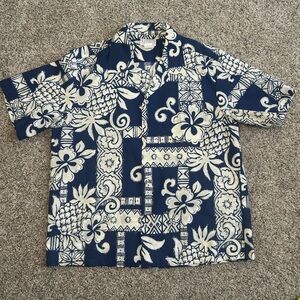 KYS International Fashion Hawaiian Shirt Made In Hawaii Blue Floral Aloha Mens L